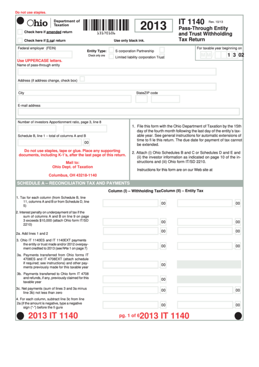 Fillable Form It 1140 - Pass-Through Entity And Trust Withholding Tax Return - 2013 Printable pdf