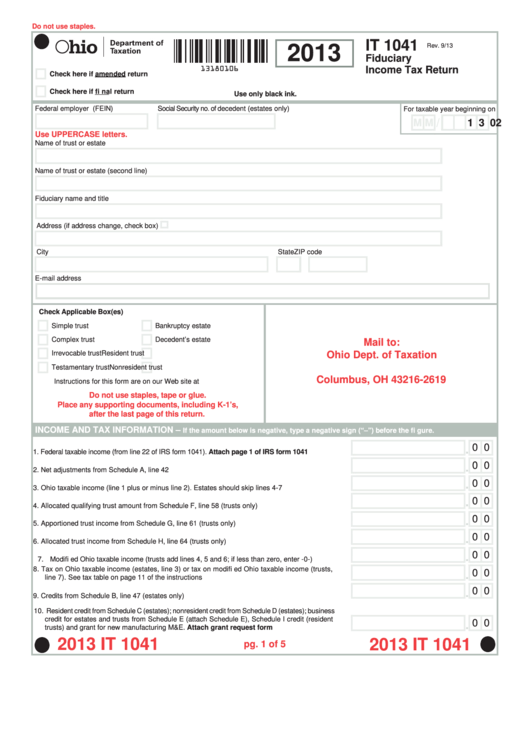 Fillable Form It 1041 - Fiduciary Income Tax Return - 2013 Printable pdf