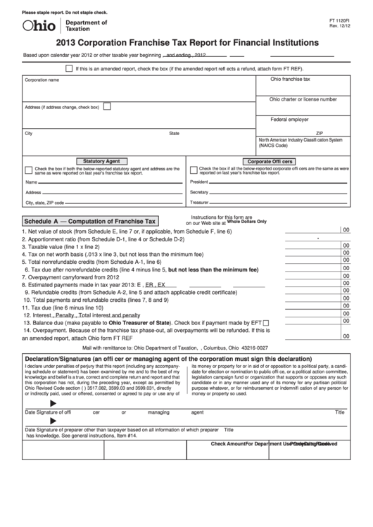 Fillable Form Ft 1120fi - Corporation Franchise Tax Report For Financial Institutions - 2013 Printable pdf