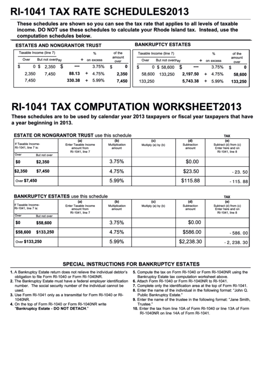 Fillable Form Ri-1041 - Tax Rate Schedules - 2013 Printable pdf