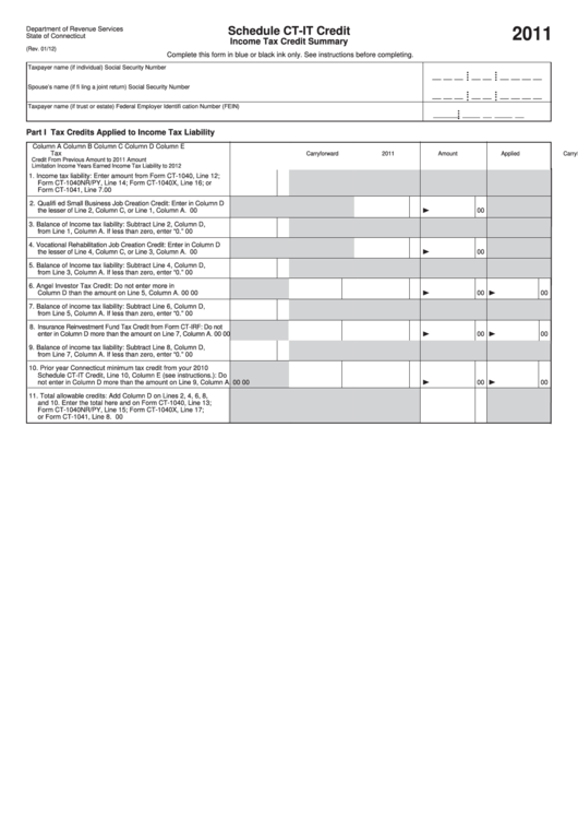 Schedule Ct-It Credit - Income Tax Credit Summary - 2011 Printable pdf