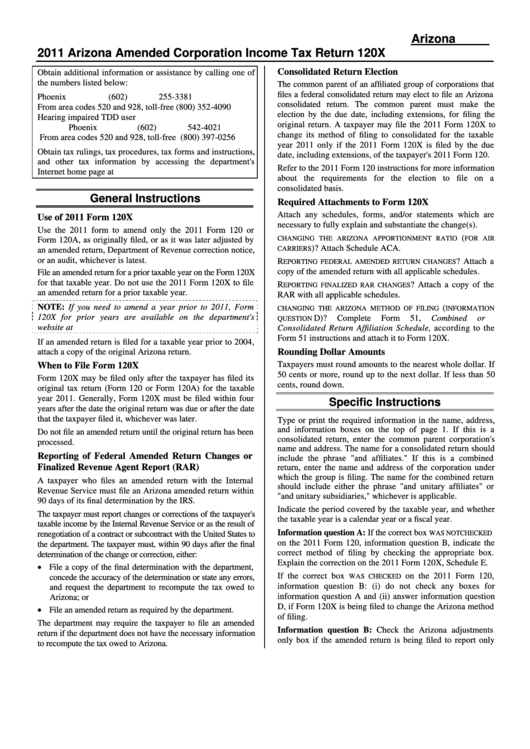 Instructions For Arizona Form 120x - Arizona Amended Corporation Income Tax Return - 2011 Printable pdf