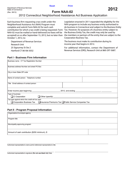 Fillable Form Naa-02 - Connecticut Neighborhood Assistance Act Business Application - 2012 Printable pdf
