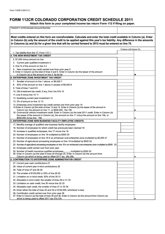 Form 112cr - Colorado Corporation Credit Schedule - 2011 Printable pdf