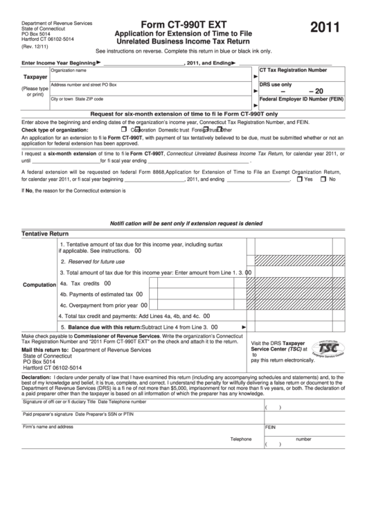 Form Ct-990t Ext - Application For Extension Of Time To File Unrelated Business Income Tax Return - 2011 Printable pdf