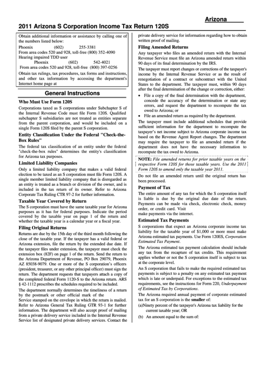 Instructions For Arizona Form 120s - Arizona S Corporation Income Tax Return - 2011 Printable pdf