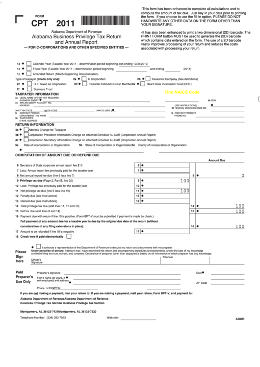 Fillable Form Cpt - Alabama Business Privilege Tax Return - 2011 Printable pdf