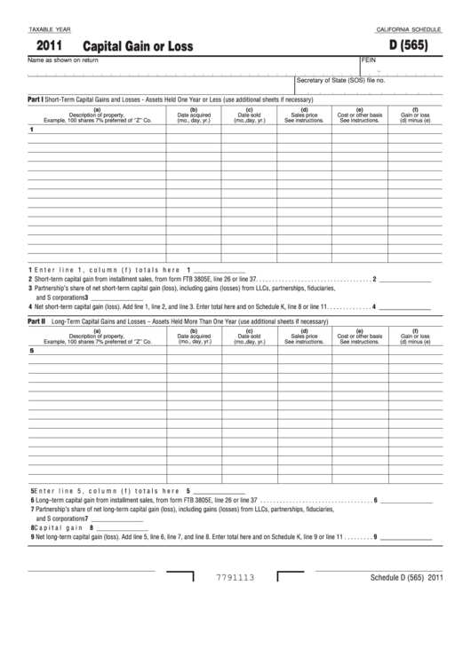 Fillable California Schedule D (Form 565) - Capital Gain Or Loss - 2011 Printable pdf