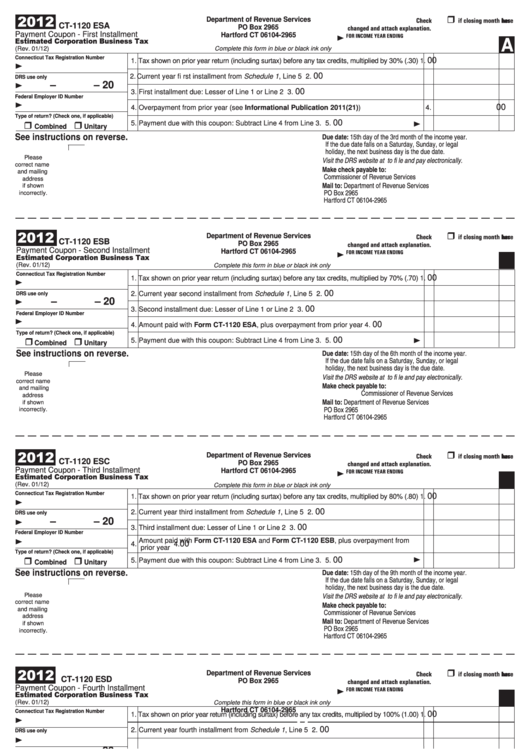 Form Ct-1120 Esa - Estimated Corporation Business Tax - 2012 Printable pdf