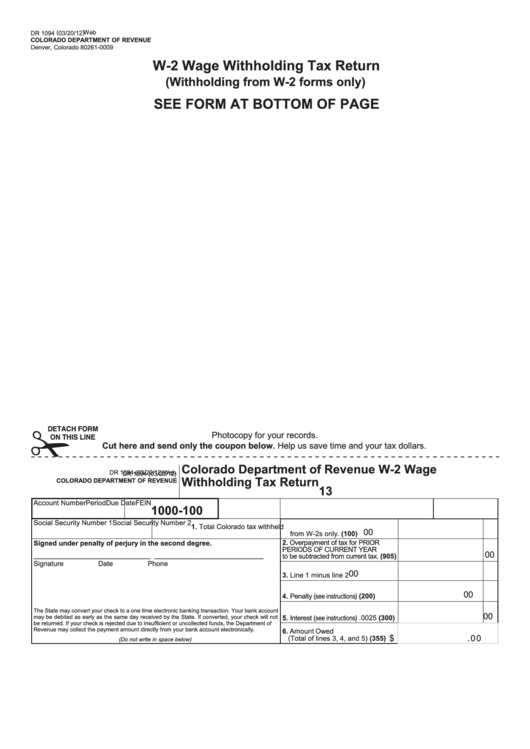 Form Dr 1094 - Colorado Department Of Revenue W-2 Wage Withholding Tax Return Printable pdf
