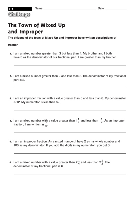 The Town Of Mixed Up And Improper - Math Worksheet With Answers Printable pdf