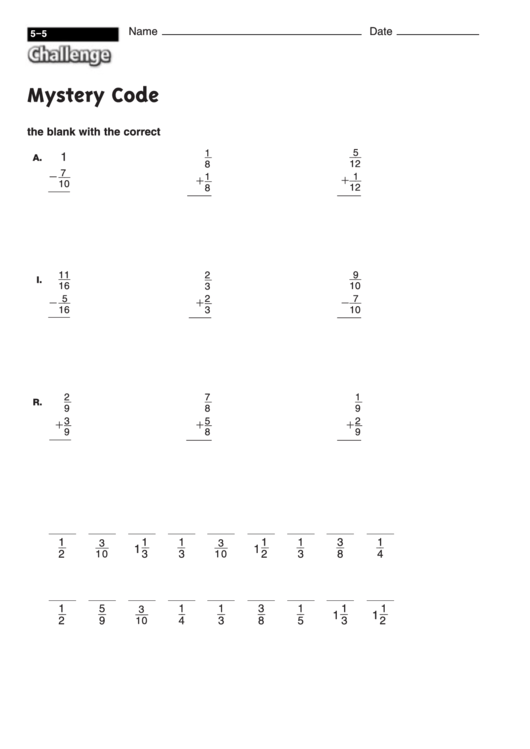 Mystery Code - Fractions Worksheet With Answers Printable pdf