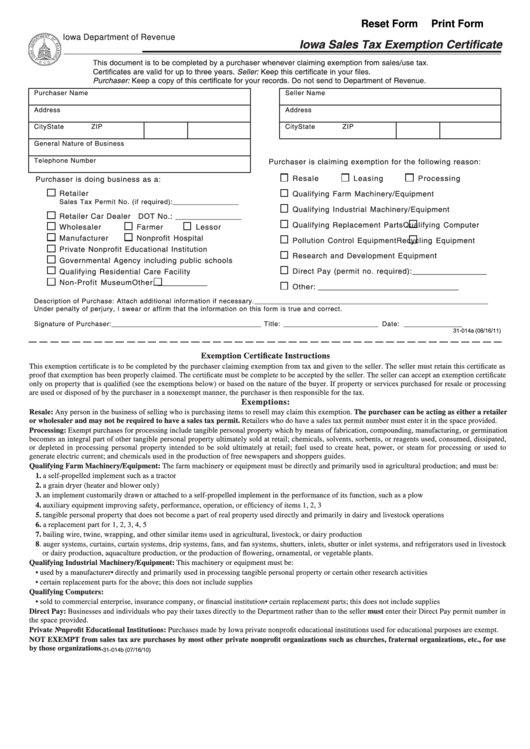 Fillable Form 31-014b - Iowa Sales Tax Exemption Certificate Printable pdf
