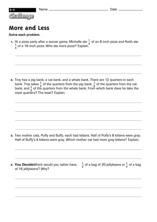 More And Less - Fractions Worksheet With Answers Printable pdf