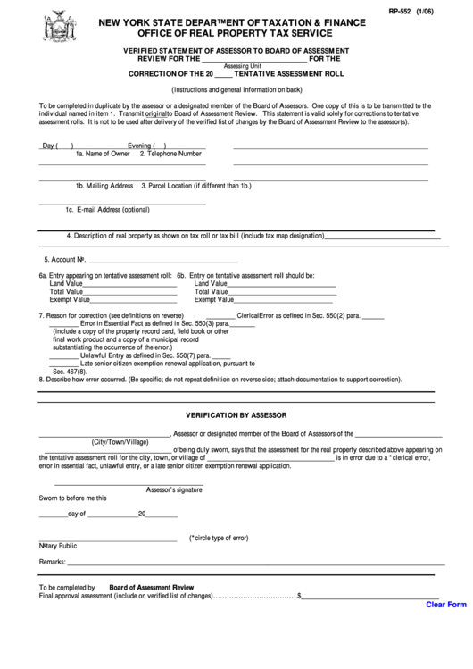 Fillable Form Rp-552 - Verified Statement Of Assessor To Board Of ...