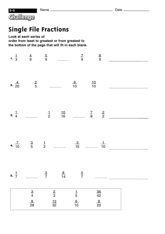 Single File Fractions - Fractions Worksheet With Answers