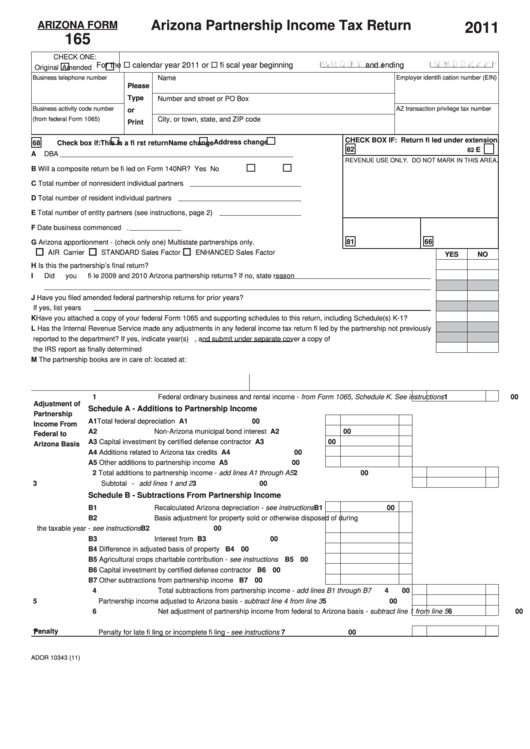 Fillable Form 165 - Arizona Partnership Income Tax Return - 2011 Printable pdf