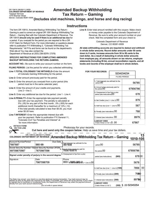 Fillable Form Dr 1091x - Amended Backup Withholding Tax Return - Gaming Printable pdf
