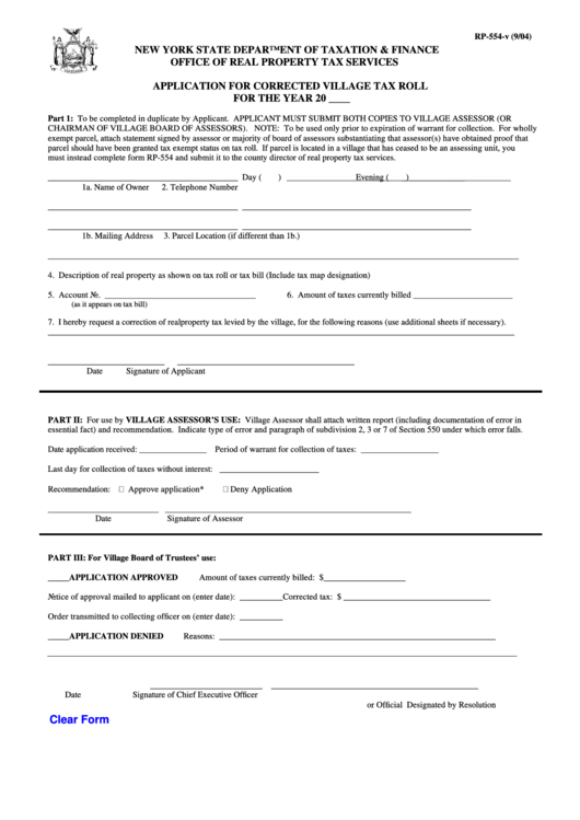 Fillable Form Rp-554-V - Application For Corrected Village Tax Roll For The Year Printable pdf