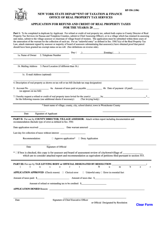 Fillable Form Rp-556 - Application For Refund And Credit Of Real Property Taxes For The Year(S) Printable pdf