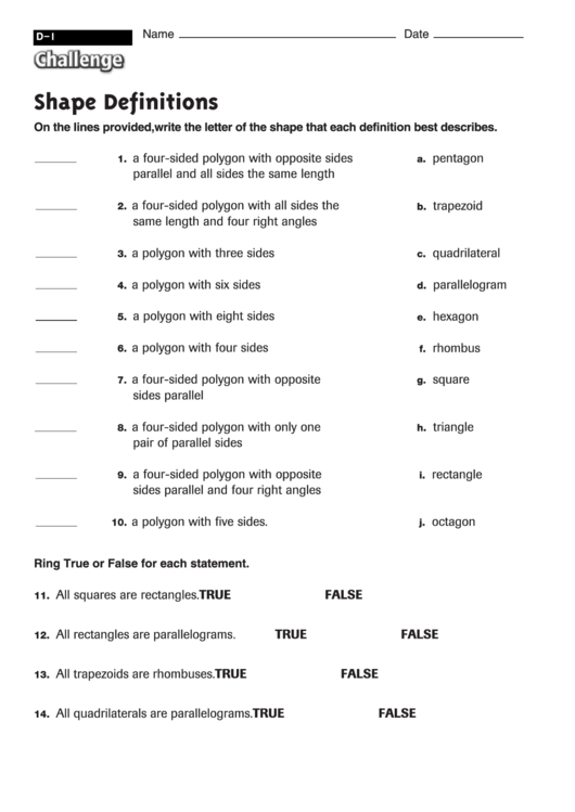 Shape Definitions - Geometry Worksheet With Answers Printable pdf