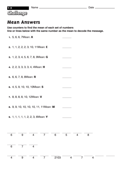 Mean Answers - Math Worksheet With Answers Printable pdf