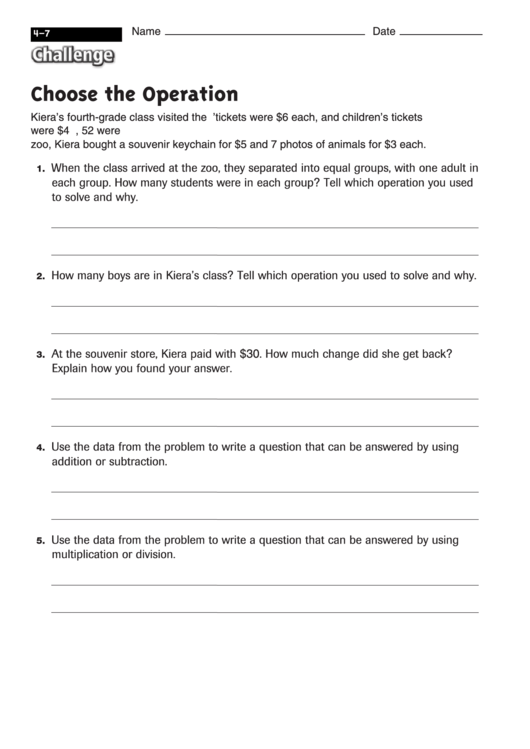 Choose The Operation - Math Worksheet With Answers Printable pdf