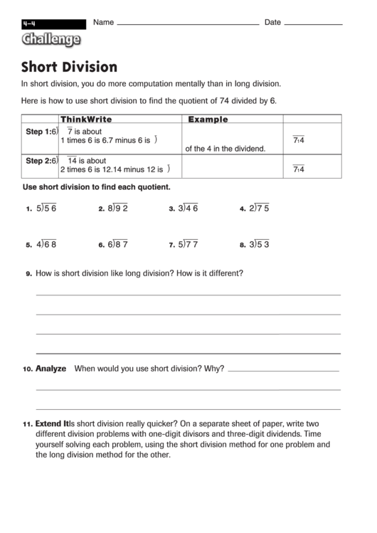 Short Division Division Worksheet With Answers printable pdf download