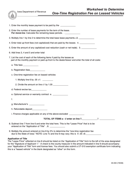 Form 35-050 - Worksheet To Determine One-Time Registration Fee On Leased Vehicles Printable pdf