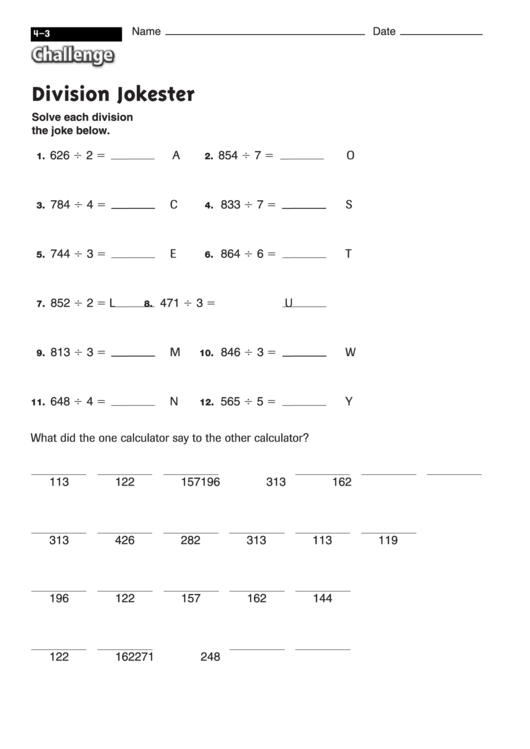 Division Jokester - Division Worksheet With Answers Printable pdf