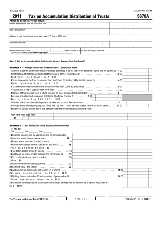 Fillable California Form 5870a - Tax On Accumulation Distribution Of Trusts - 2011 Printable pdf