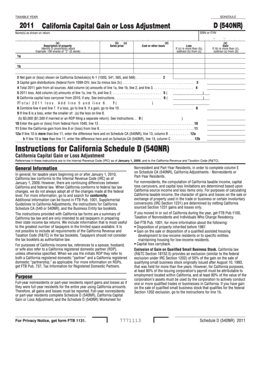 Fillable Schedule D (Form 540nr) - California Capital Gain Or Loss Adjustment - 2011 Printable pdf
