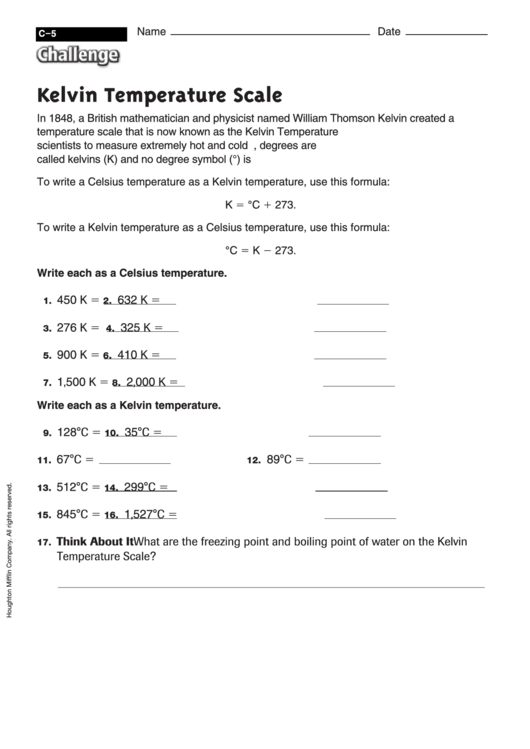 Kelvin Temperature Scale - Conversion Worksheet With Answers