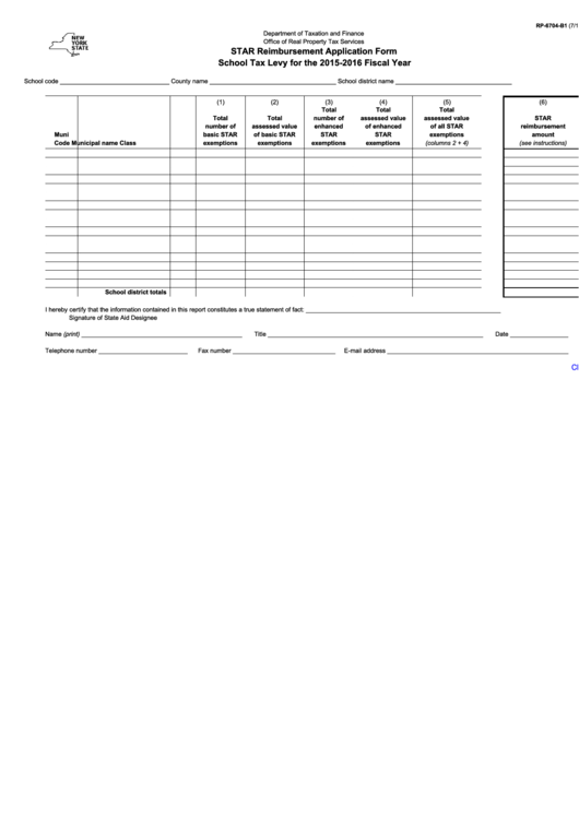 Fillable Form Rp-6704-B1 - Star Reimbursement Application Form School Tax Levy For The 2015-2016 Fiscal Year Printable pdf