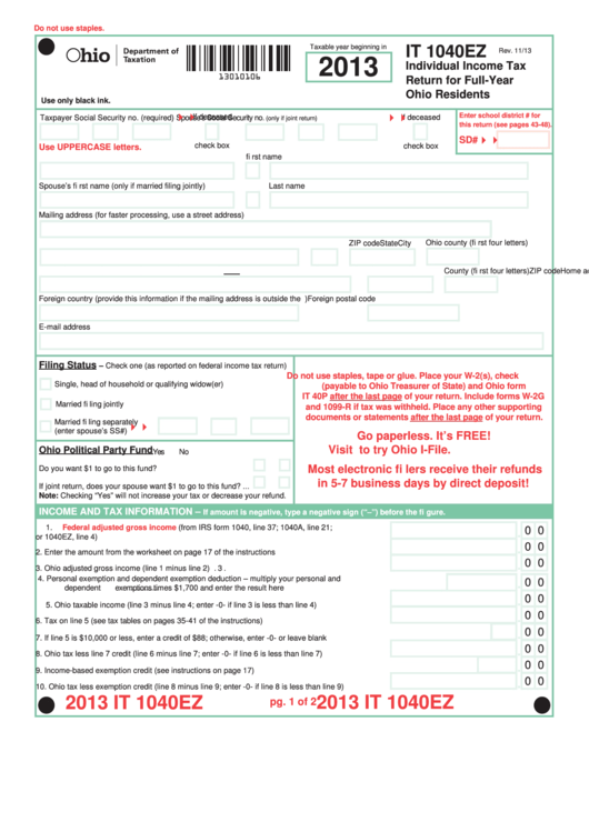 Fillable Form It 1040ez Individual Income Tax Return For Full Year