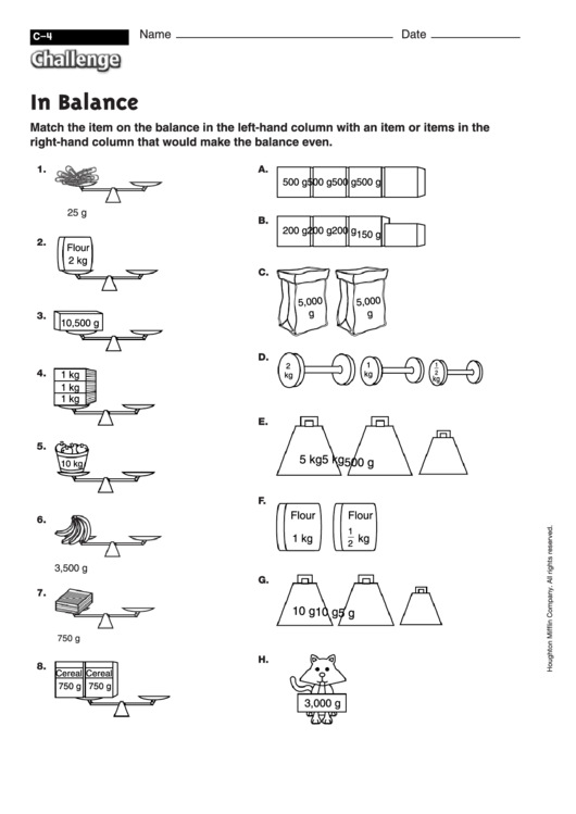In Balance - Measurement Worksheet With Answers