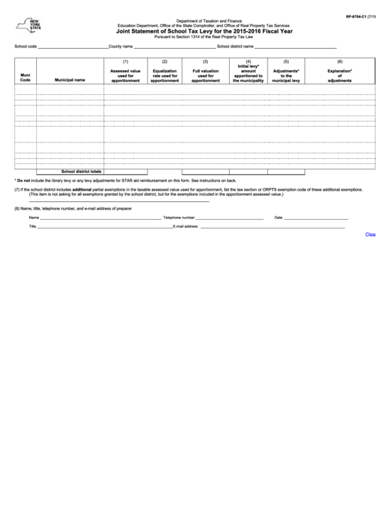 Fillable Form Rp-6704-C1 - Joint Statement Of School Tax Levy For The 2015-2016 Fiscal Year Printable pdf