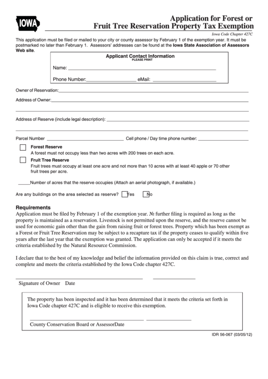 Form Idr 56-067 - Application For Forest Or Fruit Tree Reservation Property Tax Exemption Printable pdf