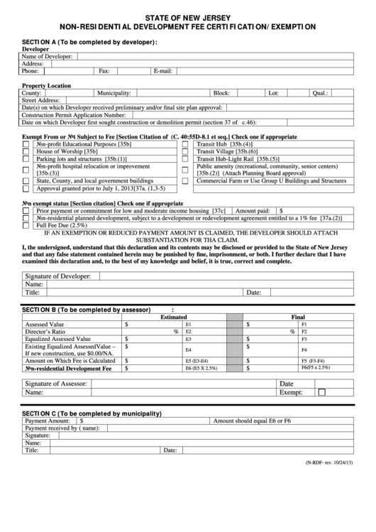 Fillable Form N-Rdf - Non-Residential Development Fee Certification/exemption Printable pdf