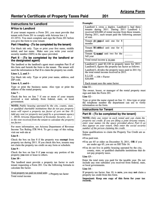Instructions For Arizona Form 201- Renter