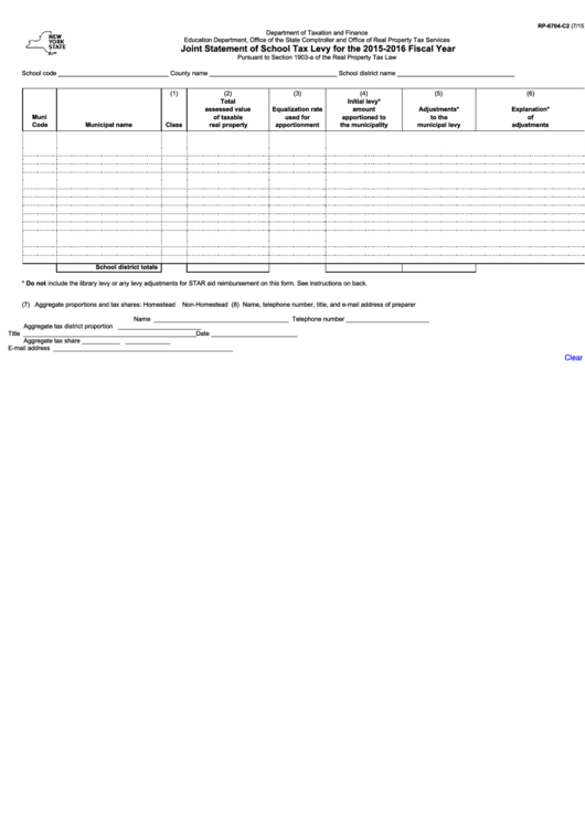 Fillable Form Rp-6704-C2 - Joint Statement Of School Tax Levy For The 2015-2016 Fiscal Year Printable pdf