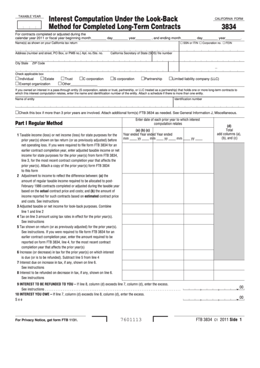 Fillable California Form 3834 - Interest Computation Under The Look-Back Method For Completed Long-Term Contracts - 2011 Printable pdf