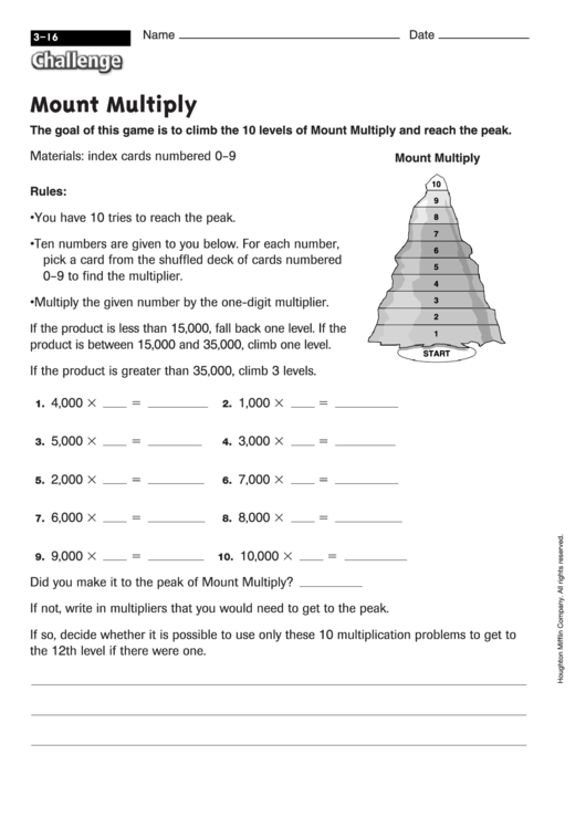 Mount Multiply - Multiplication Worksheet Printable pdf
