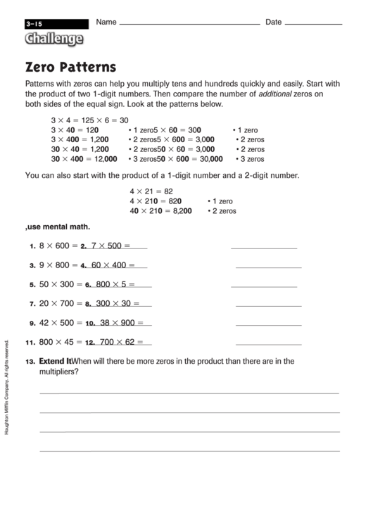 Zero Patterns - Multiplication Worksheet With Answers Printable pdf