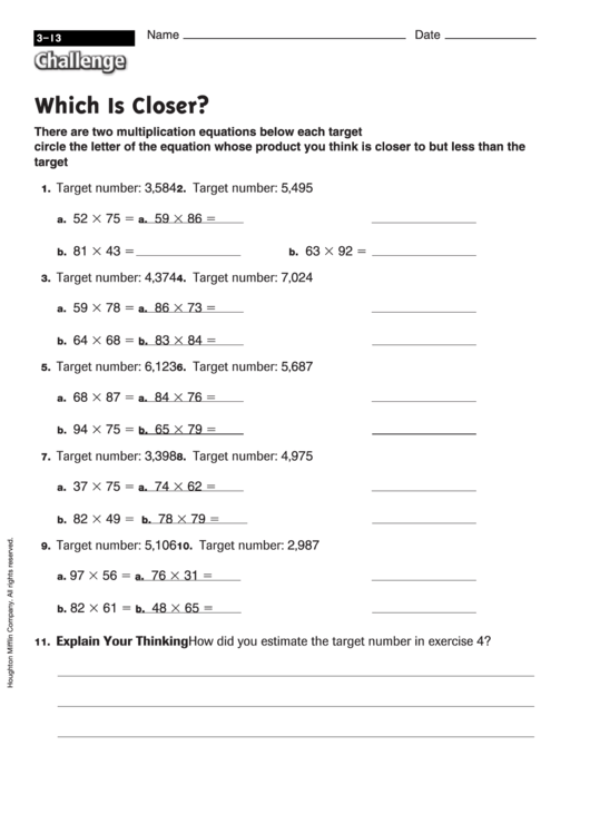 Which Is Closer - Multiplication Worksheet With Answers Printable pdf
