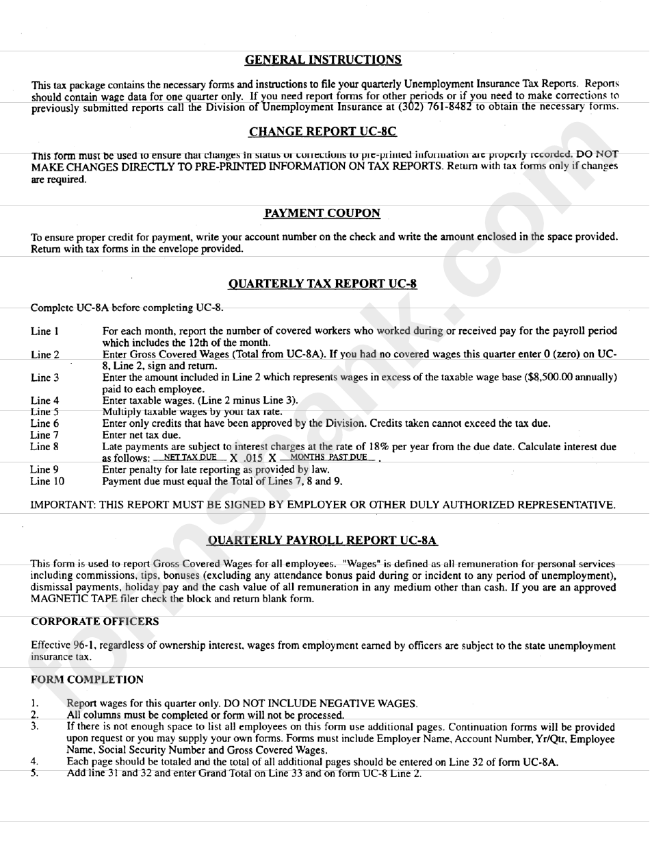 Instructions For Form Uc-8 - Unemployment Insurance