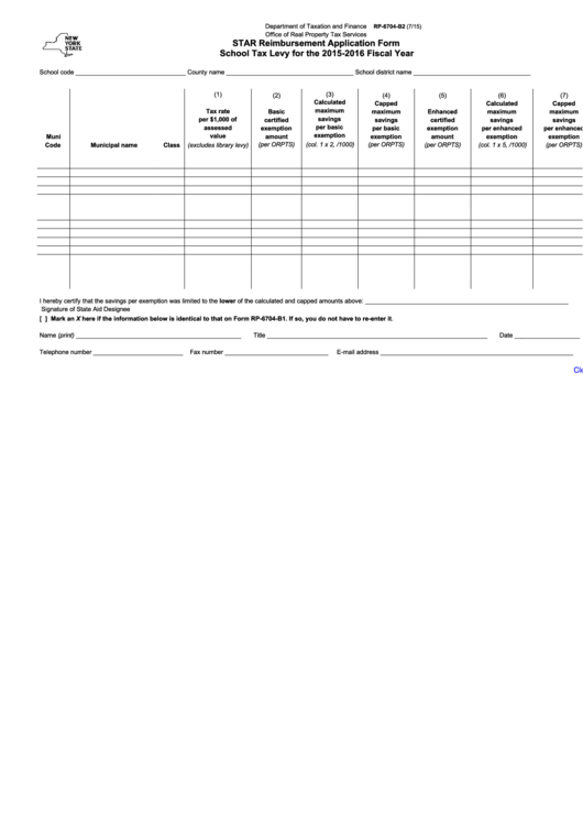 Fillable Form Rp-6704-B2 - Star Reimbursement Application Form School Tax Levy For The 2015-2016 Fiscal Year Printable pdf