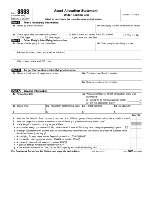 Fillable Form 8883 - Asset Allocation Statement Printable pdf