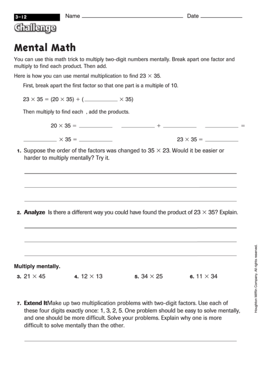 Mental Math - Math Worksheet With Answers Printable pdf