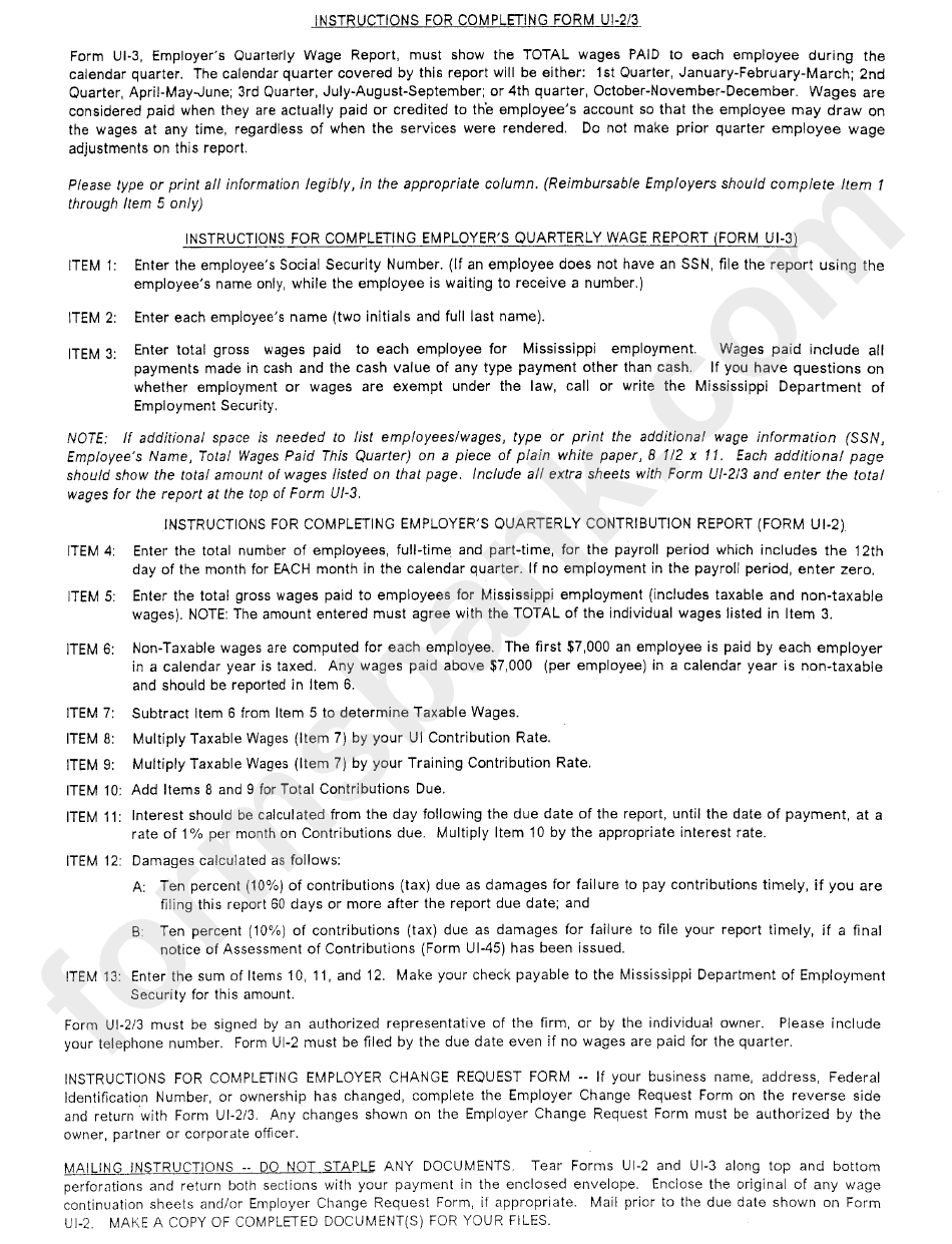 Instructions For Form Ui-2/3 - Employer